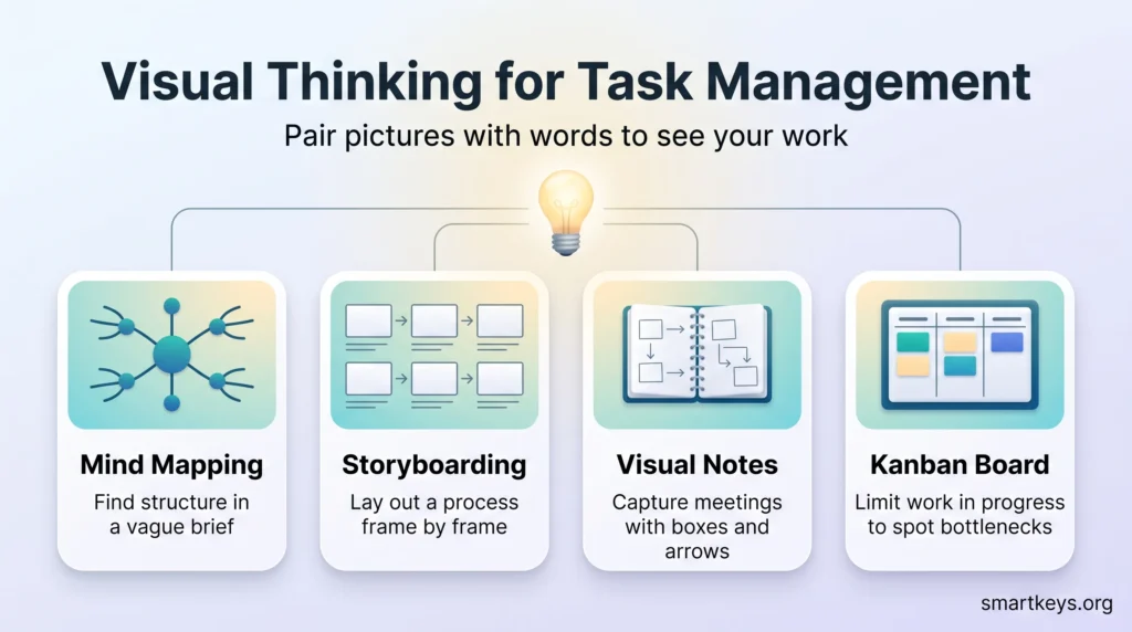 Visual thinking for task management infographic showing four methods: mind mapping, storyboarding, visual notes and a Kanban board, linked to a lightbulb.