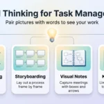 Visual Thinking for Task Management: Methods That Work Visual thinking for task management infographic showing four methods: mind mapping, storyboarding, visual notes and a Kanban board, linked to a lightbulb.
