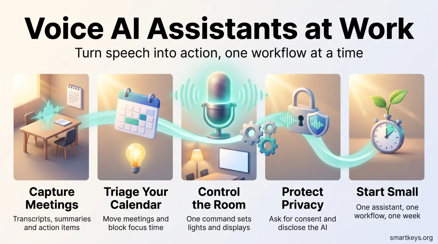 Infographic on voice AI assistants at work: capture meetings, triage your calendar, control the room, protect privacy and start small with one workflow.