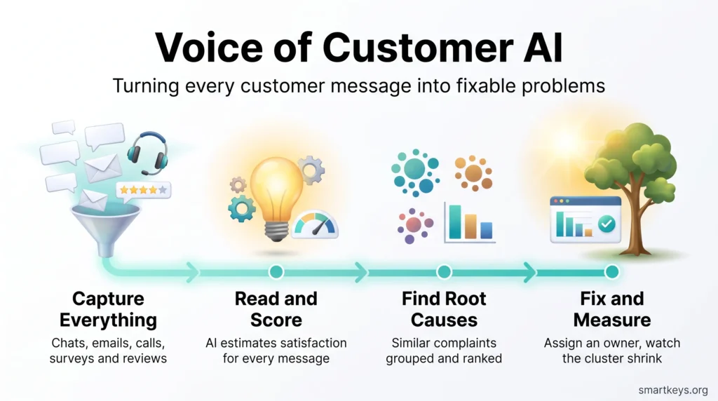 Voice of customer AI infographic showing four steps: capture every message, score satisfaction, find root causes, then fix and measure.