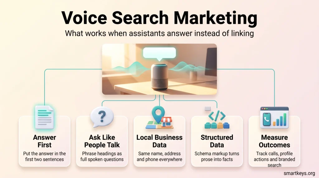 Infographic on voice search marketing: a smart speaker giving one answer, with five tactics from answer-first content and local data to outcome tracking.