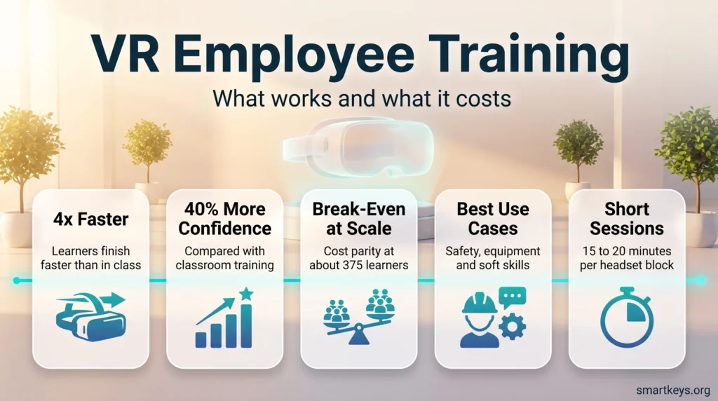 VR employee training infographic with five cards: 4x faster learning, 40% more confidence, break-even at about 375 learners, best use cases and short sessions.