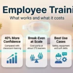 VR employee training infographic with five cards: 4x faster learning, 40% more confidence, break-even at about 375 learners, best use cases and short sessions.