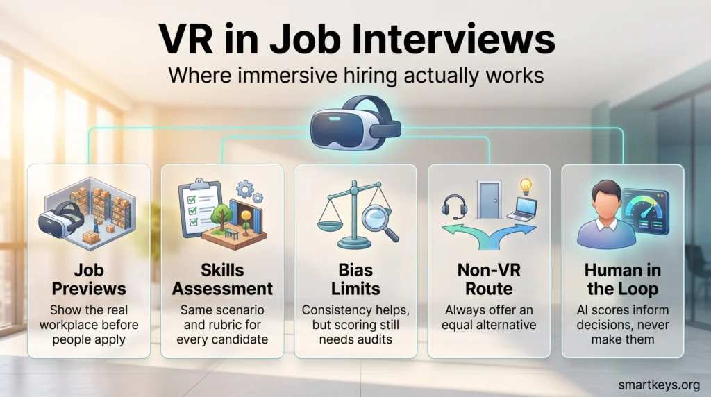 Infographic on VR job interviews showing five cards: job previews, skills assessment, bias limits, a non-VR route and human in the loop.