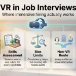 Infographic on VR job interviews showing five cards: job previews, skills assessment, bias limits, a non-VR route and human in the loop.