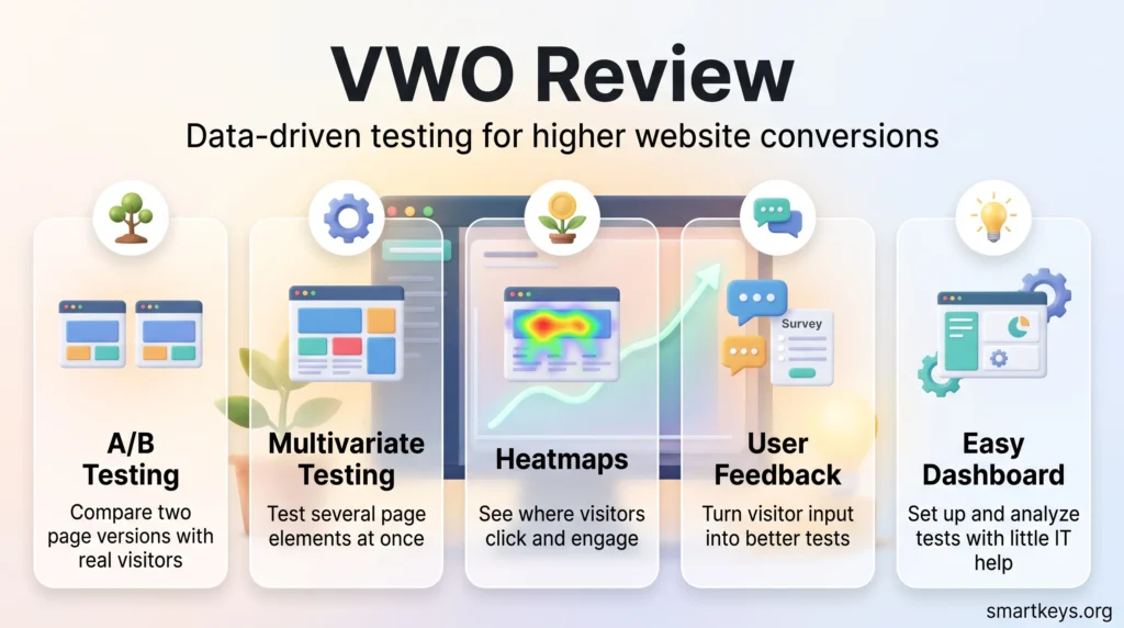 VWO review infographic showing five features for higher website conversions: A/B testing, multivariate testing, heatmaps, user feedback and an easy dashboard.