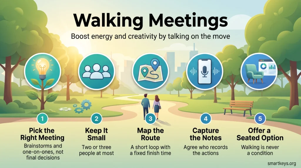 Walking meetings infographic with five steps along a park path: pick the right meeting, keep it small, map the route, capture notes, offer a seated option.