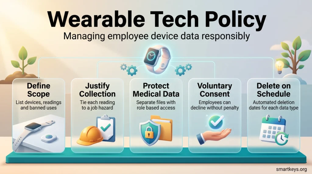 Wearable tech policy infographic with five steps: define scope, justify collection, protect medical data, voluntary consent and delete on schedule.