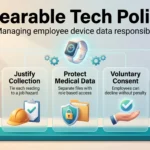 Wearable tech policy infographic with five steps: define scope, justify collection, protect medical data, voluntary consent and delete on schedule.