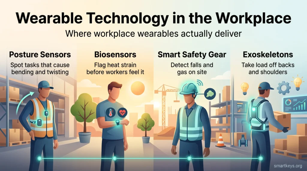 Infographic on wearable technology in the workplace: posture sensors, biosensors, smart safety gear and exoskeletons, each shown with the physical risk it targets.