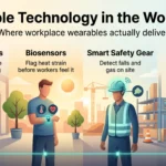 Infographic on wearable technology in the workplace: posture sensors, biosensors, smart safety gear and exoskeletons, each shown with the physical risk it targets.