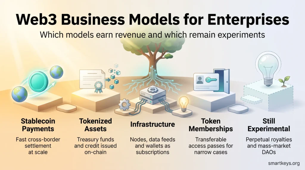 Infographic of Web3 business models for enterprises: stablecoin payments, tokenized assets, infrastructure and token memberships, with royalties still experimental.