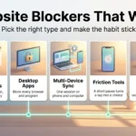 Infographic on website blockers that work: browser extensions, desktop apps, multi-device sync, friction tools and starting small with focus sessions.