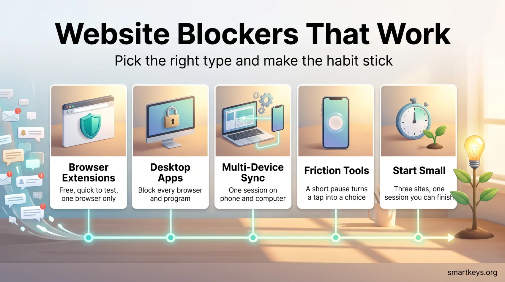 Infographic on website blockers that work: browser extensions, desktop apps, multi-device sync, friction tools and starting small with focus sessions.
