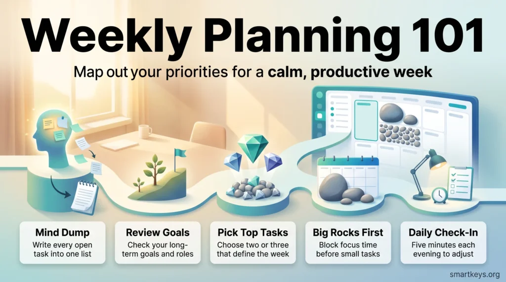 Infographic on weekly planning in five steps: mind dump, review goals, pick top tasks, schedule big rocks first and a daily evening check-in.