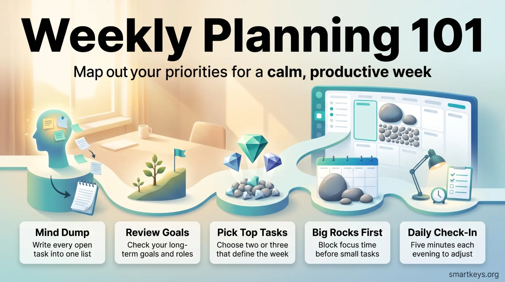 Infographic on weekly planning in five steps: mind dump, review goals, pick top tasks, schedule big rocks first and a daily evening check-in.