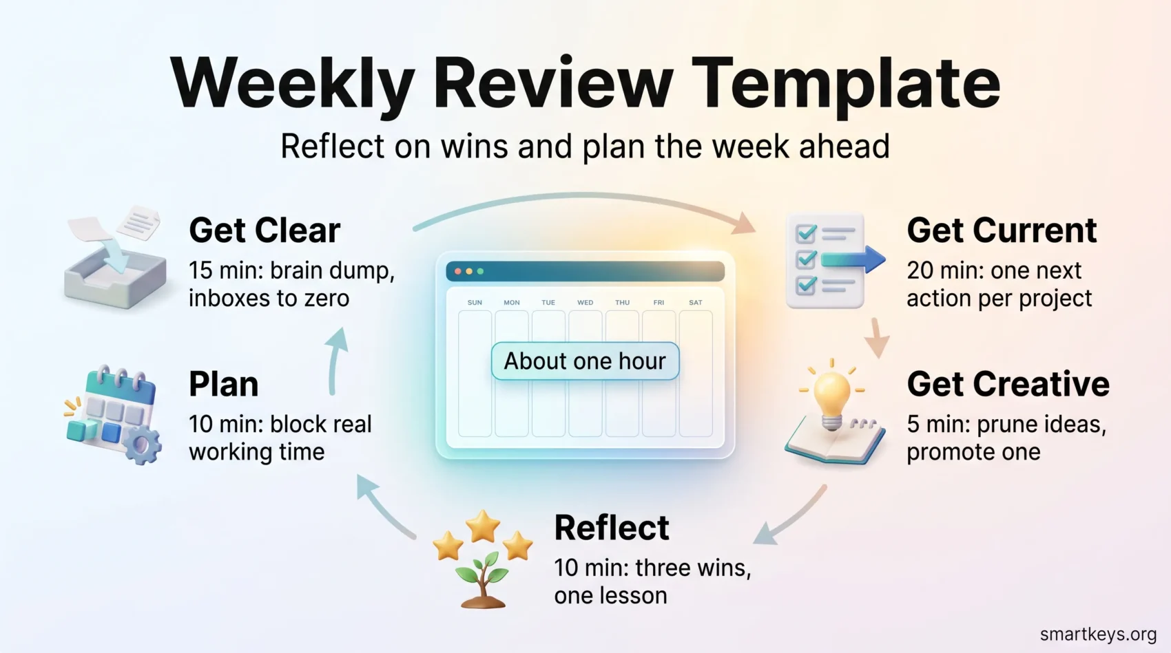 Infographic of a weekly review template: a one-hour cycle of Get Clear, Get Current, Get Creative, Reflect and Plan around a weekly calendar.