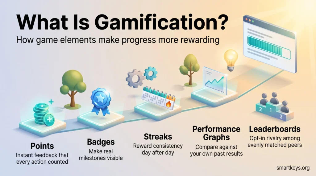 Gamification infographic showing points, badges, streaks, performance graphs and leaderboards as steps on a rising path toward visible progress.