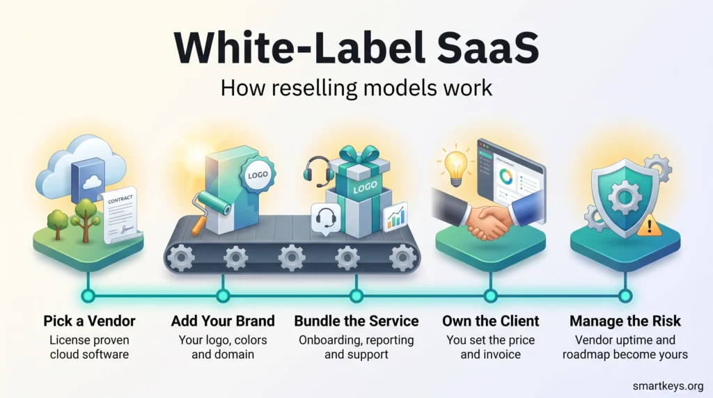 Infographic on white-label SaaS showing five steps: pick a vendor, add your brand, bundle the service, own the client and manage the risk.