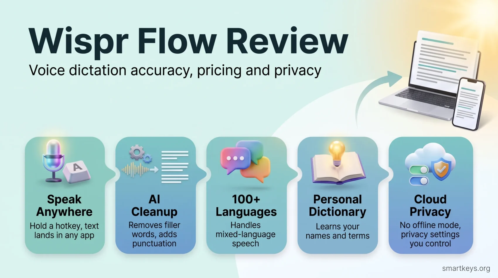 Wispr Flow review infographic: voice dictation with AI cleanup, 100+ languages, a personal dictionary and cloud processing with privacy controls.