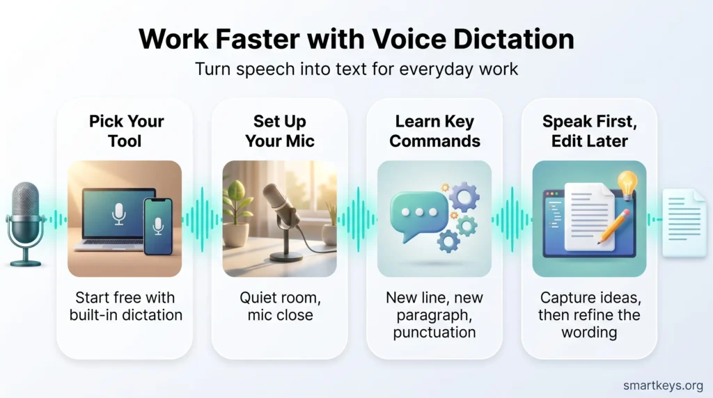 Infographic on voice dictation showing four steps to work faster: pick a built-in tool, set up your mic, learn key commands, then speak first and edit later.