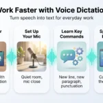 Work Faster with Voice Dictation: Turn Speech into Text for Efficiency Infographic on voice dictation showing four steps to work faster: pick a built-in tool, set up your mic, learn key commands, then speak first and edit later.