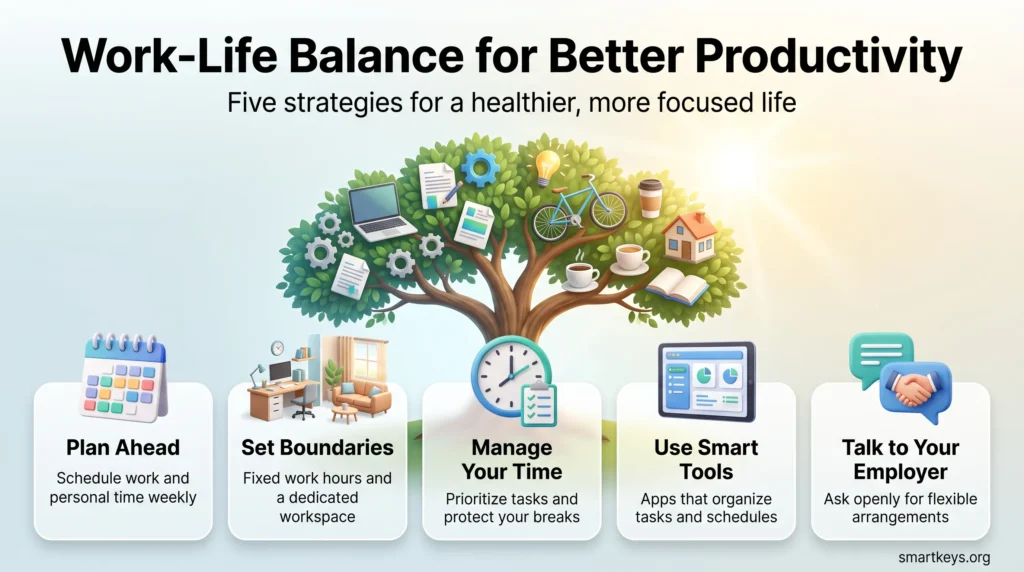 Infographic on work-life balance for better productivity: five strategies from planning ahead and setting boundaries to talking with your employer.