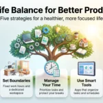 Infographic on work-life balance for better productivity: five strategies from planning ahead and setting boundaries to talking with your employer.