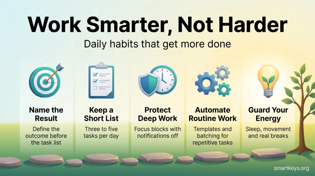 Infographic on how to work smarter, not harder: name the result, keep a short list, protect deep work, automate routine work and guard your energy.