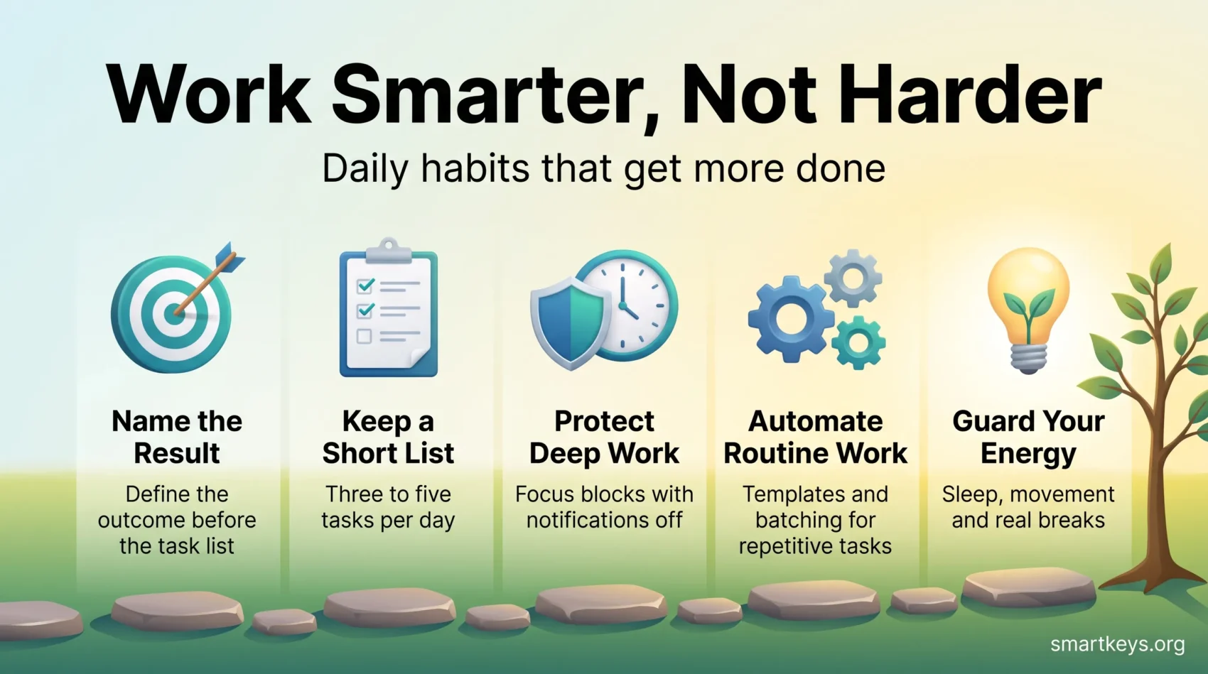 Infographic on how to work smarter, not harder: name the result, keep a short list, protect deep work, automate routine work and guard your energy.