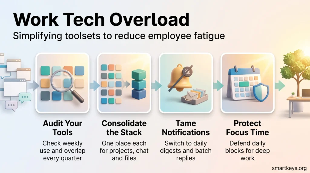 Work tech overload infographic showing four steps: audit your tools, consolidate the stack, tame notifications and protect focus time.