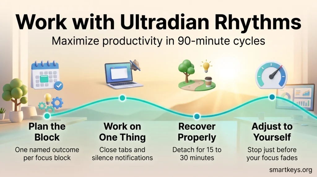 Infographic on working with ultradian rhythms: plan a 90-minute focus block, work on one task, take a real break and adjust to your own cycle.