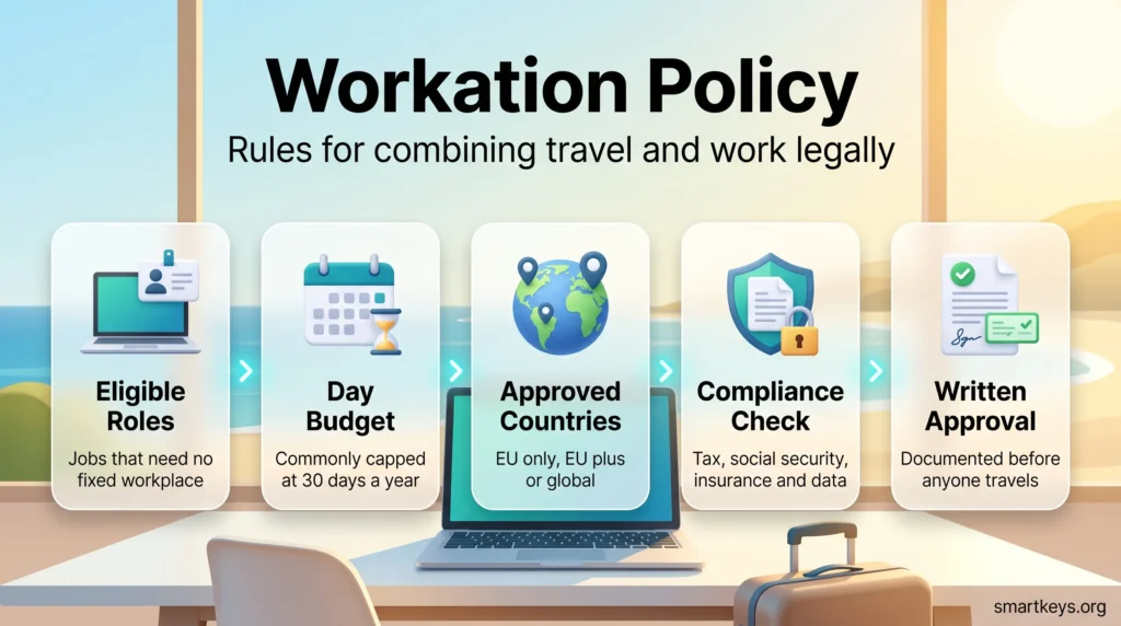 Infographic on workation policy rules: eligible roles, a day budget, approved countries, compliance checks and written approval before travel.