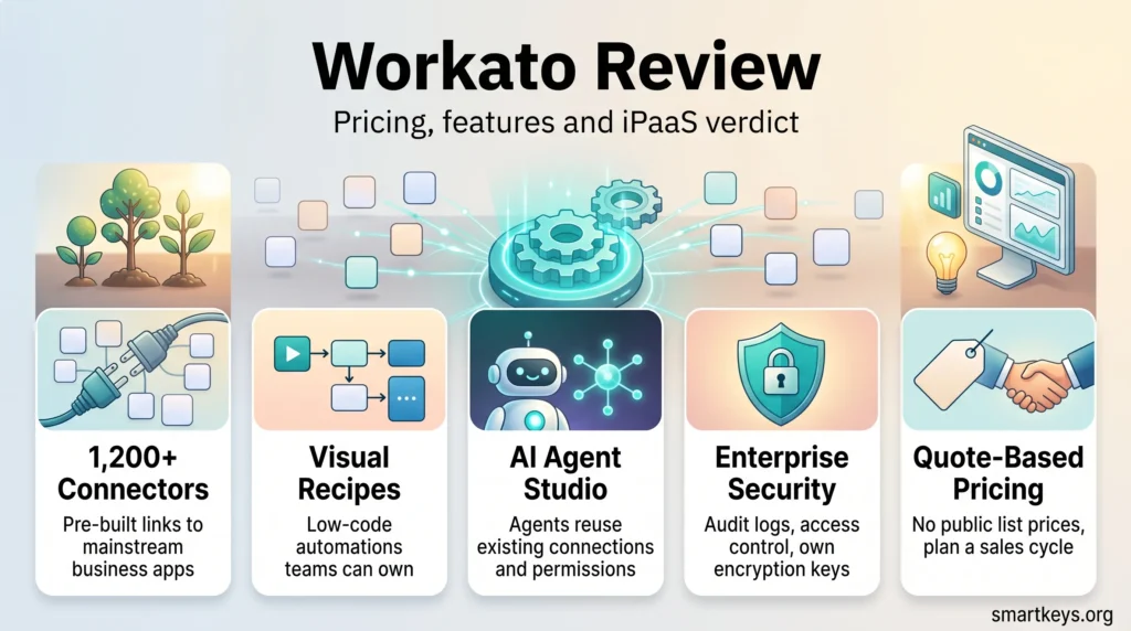 Workato review infographic showing 1,200+ connectors, low-code visual recipes, AI Agent Studio, enterprise security and quote-based pricing for this iPaaS.