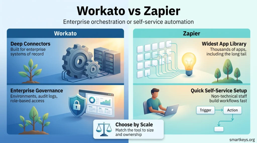 Workato vs Zapier infographic comparing enterprise connectors and governance with a wide app library and quick self-service automation setup.