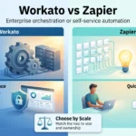 Workato vs Zapier 2026: Pricing, Features and Verdict Workato vs Zapier infographic comparing enterprise connectors and governance with a wide app library and quick self-service automation setup.
