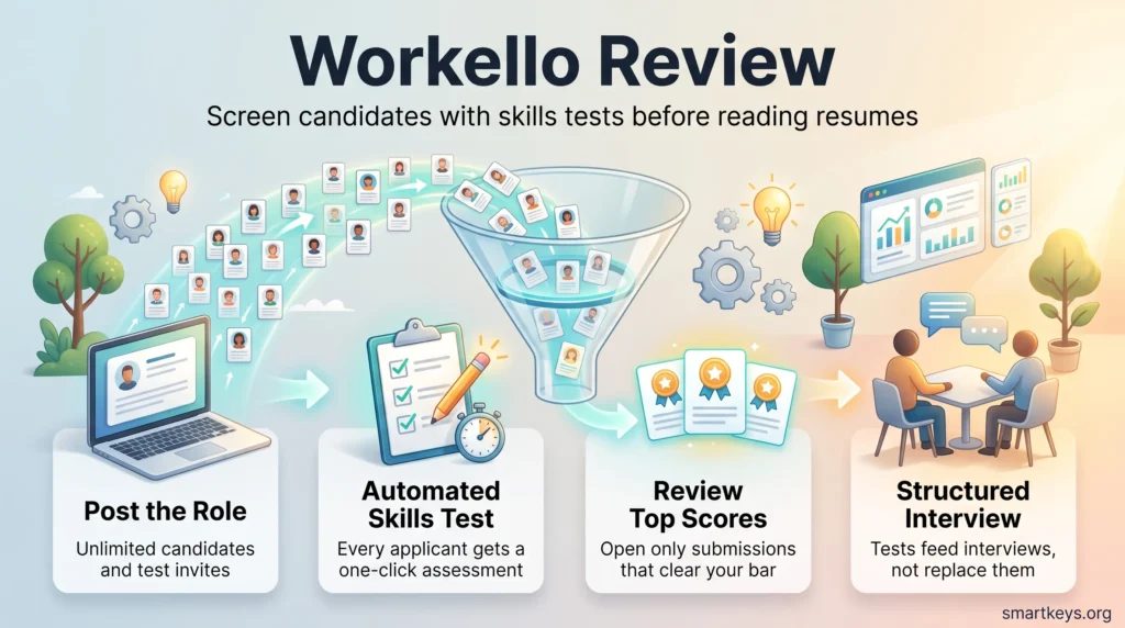 Workello review infographic showing a hiring funnel from job post and automated skills test to top scores and a structured interview