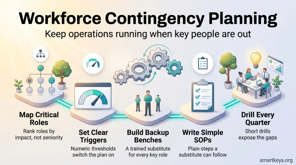 Workforce contingency planning infographic with five steps: map critical roles, set triggers, build backup benches, write SOPs and run quarterly drills.