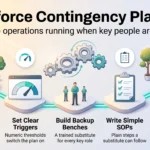 Workforce contingency planning infographic with five steps: map critical roles, set triggers, build backup benches, write SOPs and run quarterly drills.