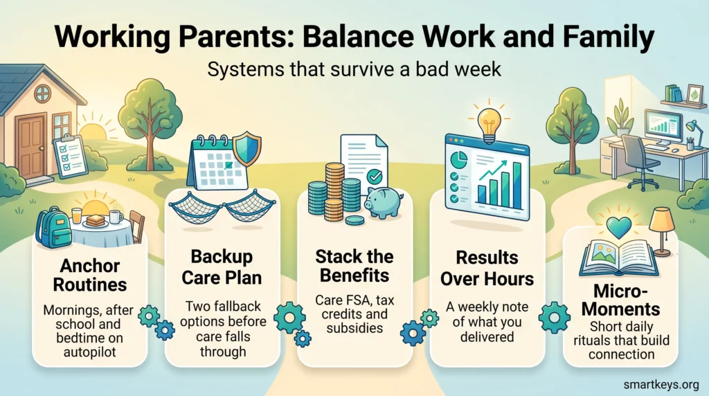 Infographic with five productivity tips for working parents: anchor routines, a backup care plan, stacked benefits, results over hours and daily micro-moments.