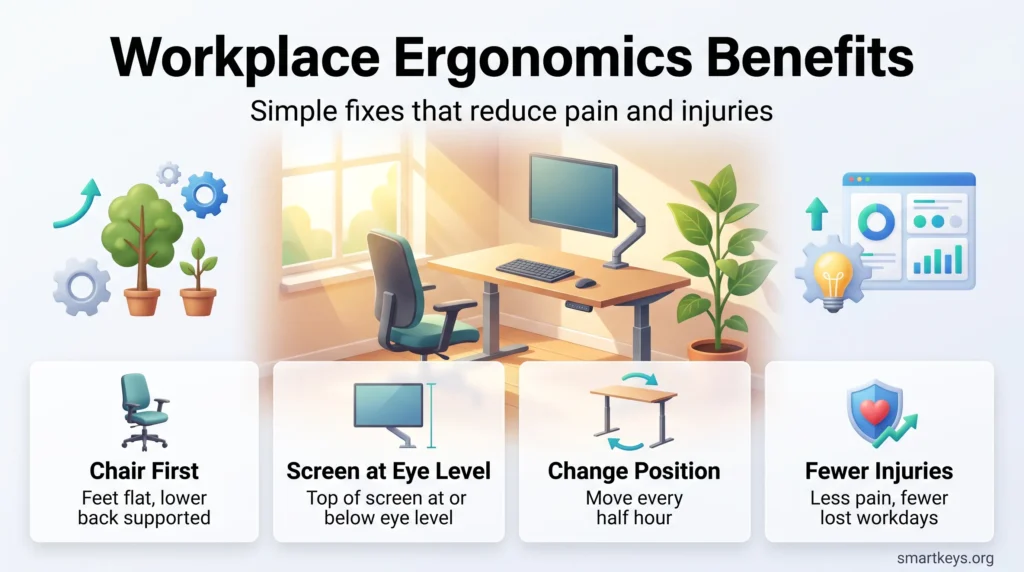 Infographic on workplace ergonomics benefits: set up the chair first, keep the screen at eye level, change position often and cut injuries.