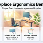 Workplace Ergonomics Benefits: What Really Improves Efficiency Infographic on workplace ergonomics benefits: set up the chair first, keep the screen at eye level, change position often and cut injuries.