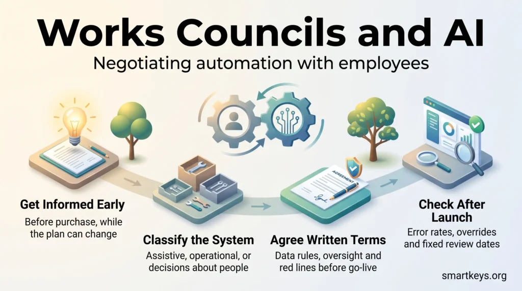 Infographic on works councils and AI showing four steps: get informed early, classify the system, agree written terms and check after launch.