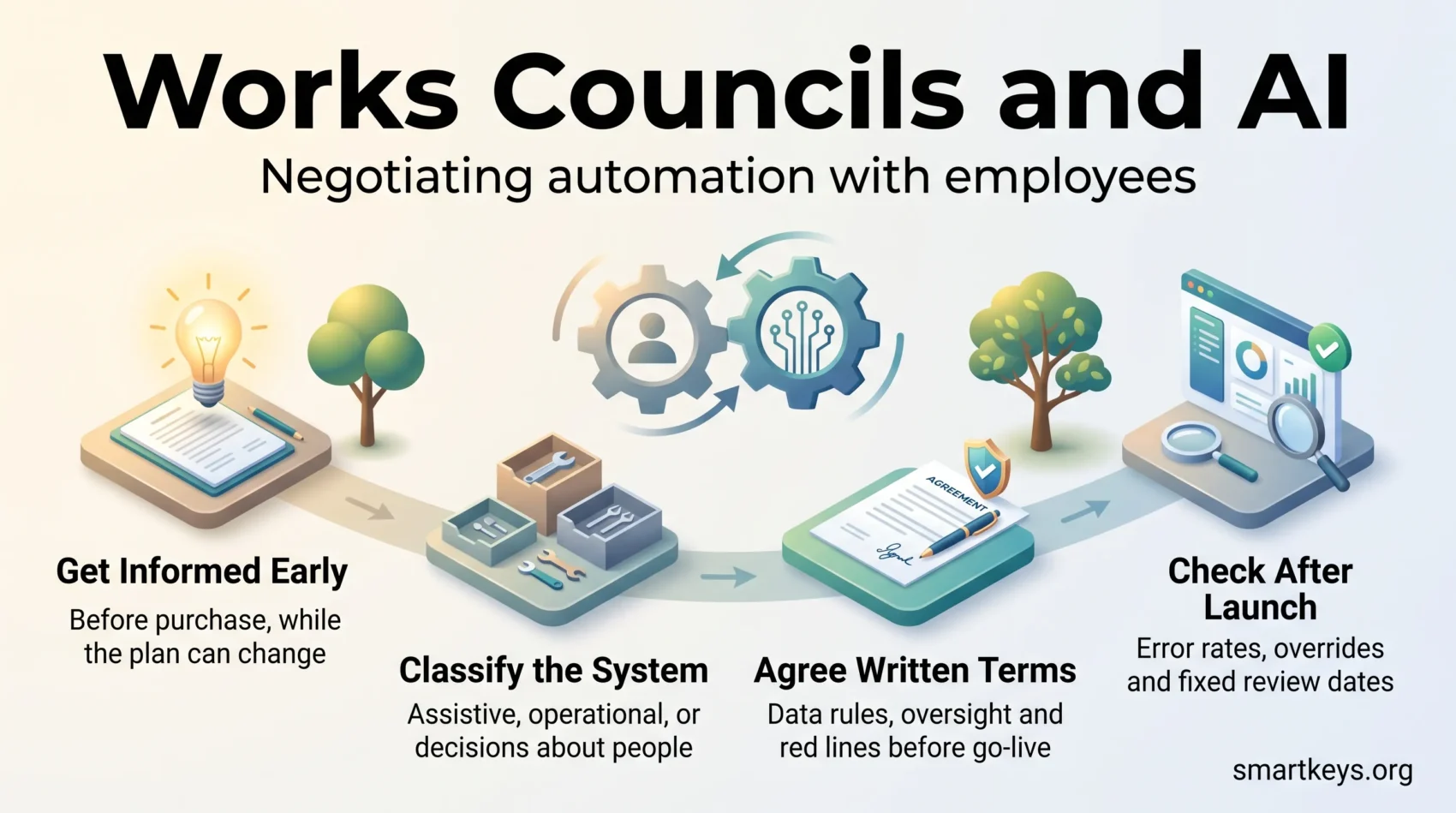 Infographic on works councils and AI showing four steps: get informed early, classify the system, agree written terms and check after launch.