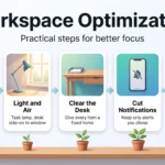 Workspace Optimization: Practical Tips for Better Focus Infographic on workspace optimization in five steps: ergonomics, light and air, a clear desk, fewer notifications and a few personal touches.