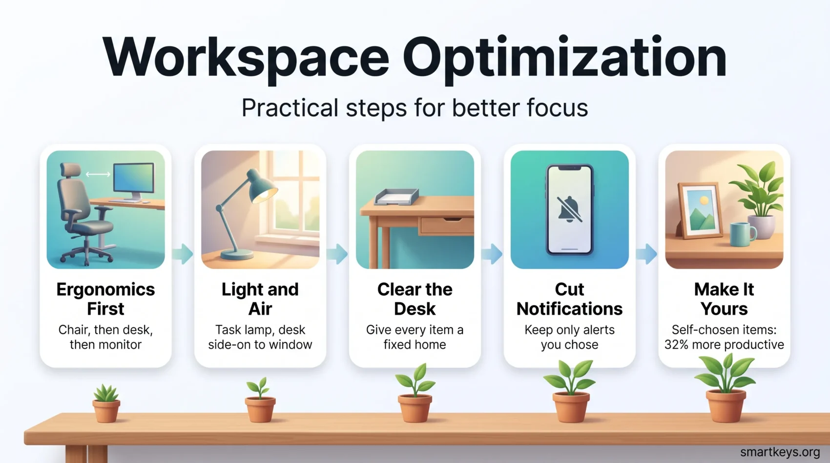 Infographic on workspace optimization in five steps: ergonomics, light and air, a clear desk, fewer notifications and a few personal touches.