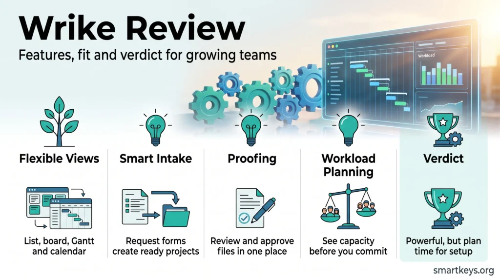 Wrike review infographic showing five columns: flexible views, smart intake forms, proofing, workload planning and a verdict on setup effort.