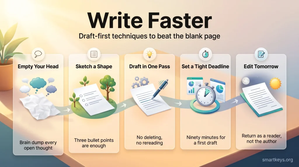 Infographic on how to write faster with a draft-first process: empty your head, sketch a shape, draft in one pass, set a tight deadline, edit tomorrow.