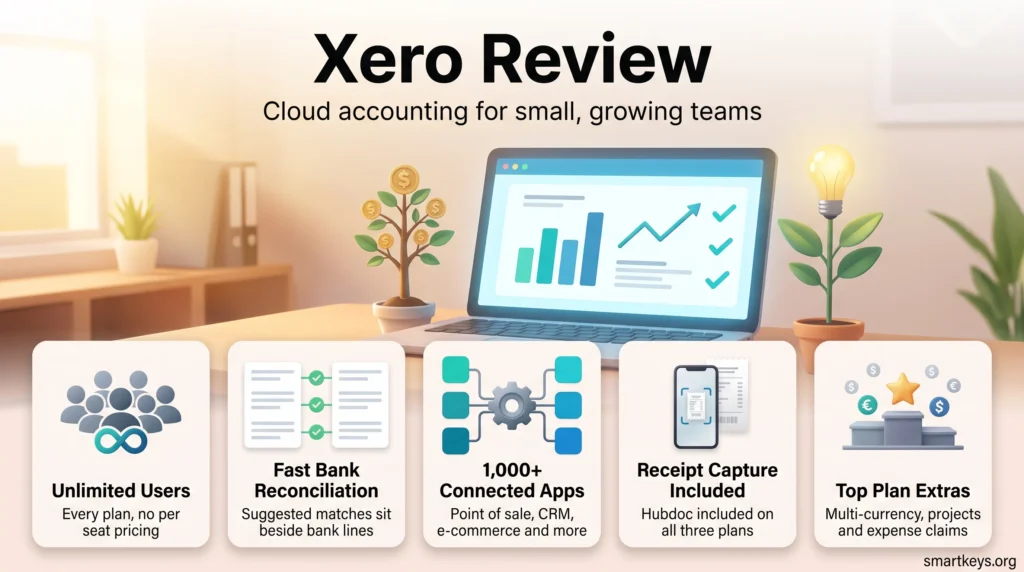 Xero review infographic showing unlimited users, fast bank reconciliation, 1,000+ connected apps, included Hubdoc receipt capture and top plan extras.
