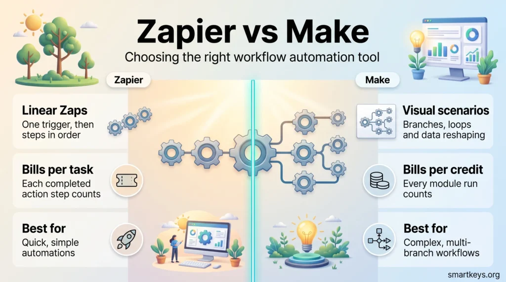 Zapier vs Make infographic comparing linear Zaps billed per task with Make's branching visual scenarios billed per credit, and the workflows each tool suits best.